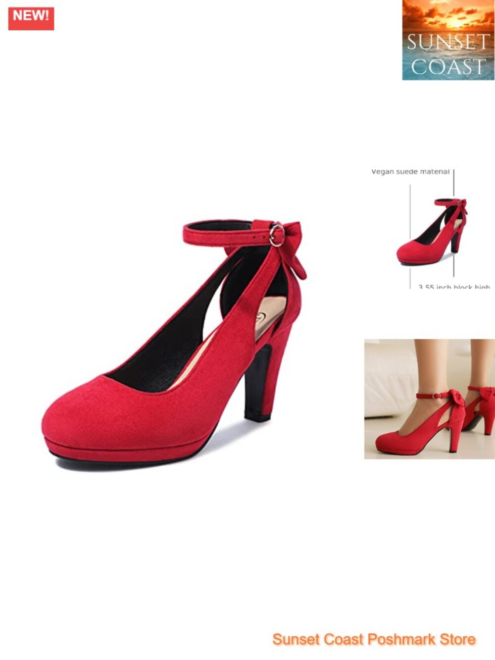 Mary Jane Heels Block High Heel Bow Ankle Strap Vegan Suede Pumps